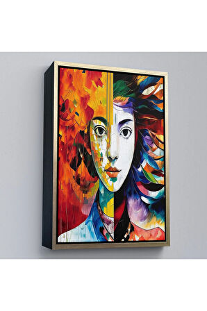 Ahşap Çerçeveli Renkli Soyut Kadın Tablosu-8014