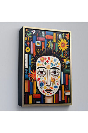 Ahşap Çerçeveli Renkli Çiçek Yüzlü Kadın Tablosu-8019