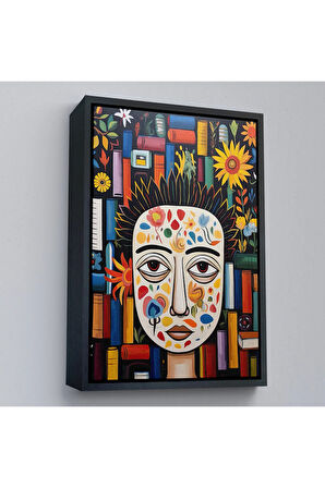 Ahşap Çerçeveli Renkli Çiçek Yüzlü Kadın Tablosu-8019