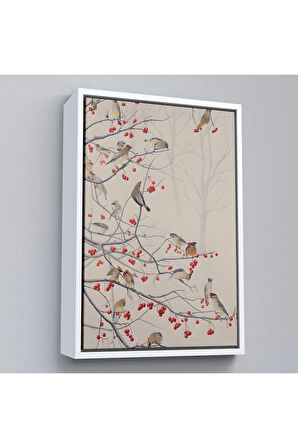 Ahşap Çerçeveli Kuşburnu Ağacındaki Kuşlar Tablosu-8042