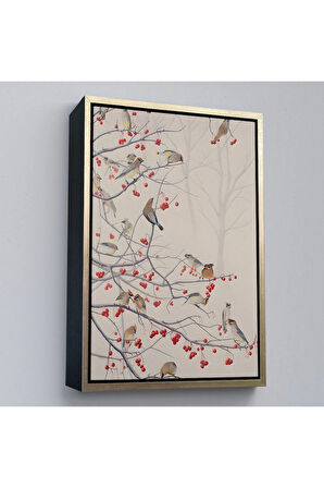 Ahşap Çerçeveli Kuşburnu Ağacındaki Kuşlar Tablosu-8042