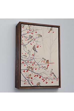 Ahşap Çerçeveli Kuşburnu Ağacındaki Kuşlar Tablosu-8042