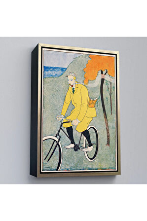 Ahşap Çerçeveli Edward Penfield - Bisikletli Sarı Takım Elbiseli Adam Tablosu-8044