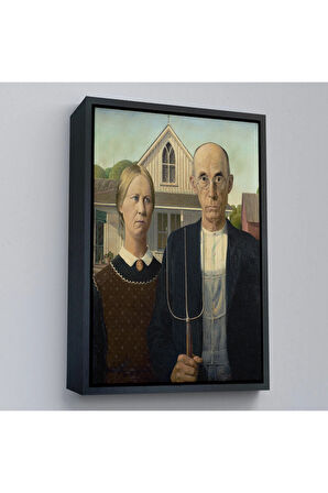 Ahşap Çerçeveli Grant Wood - Soyal Gerçeklik I American Gotik Tablosu - Social Realism-8059