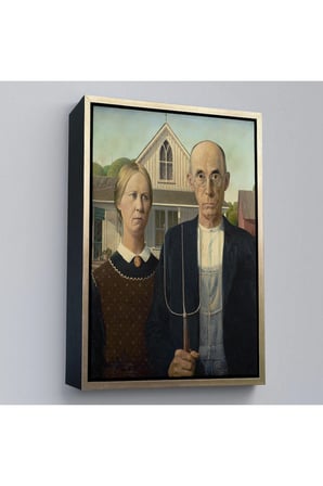 Ahşap Çerçeveli Grant Wood - Soyal Gerçeklik I American Gotik Tablosu - Social Realism-8059