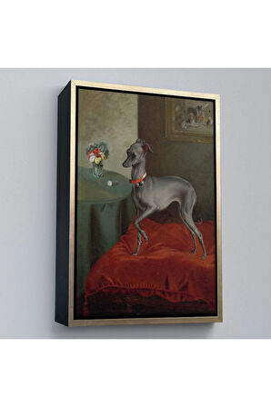 Ahşap Çerçeveli Kırmızı Yastık Üzerinde Bir İtalyan Tazısı Tablo-8061