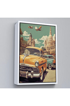 Ahşap Çerçeveli Sarı Klasik Araba Tablosu-8066