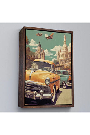 Ahşap Çerçeveli Sarı Klasik Araba Tablosu-8066