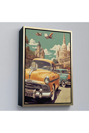 Ahşap Çerçeveli Sarı Klasik Araba Tablosu-8066