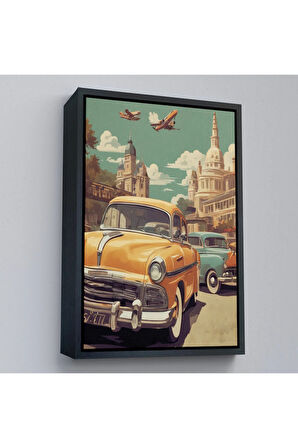 Ahşap Çerçeveli Sarı Klasik Araba Tablosu-8066