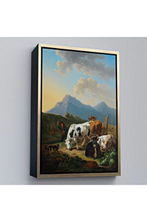 Ahşap Çerçeveli Johann Dallinger - Boğa Ve İnekleriyle Genç Çiftçi Tablosu --8077