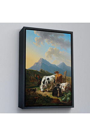 Ahşap Çerçeveli Johann Dallinger - Boğa Ve İnekleriyle Genç Çiftçi Tablosu --8077