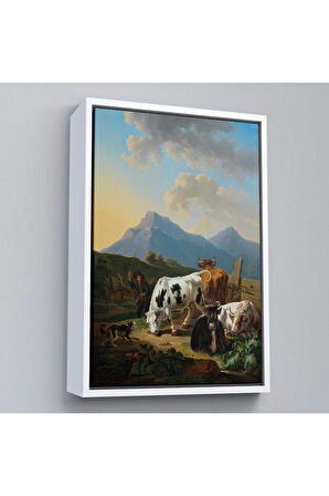 Ahşap Çerçeveli Johann Dallinger - Boğa Ve İnekleriyle Genç Çiftçi Tablosu --8077