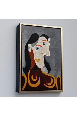 Ahşap Çerçeveli Pablo Picasso - Kahverengi Elbiseli Kadının Büst Tablosu-8086