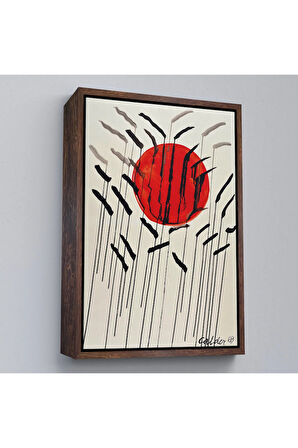 Ahşap Çerçeveli Alexander Calder - Kızıl Güneş Ve Uzun Otlar Tablosu - Cattails With Red Sun-8090