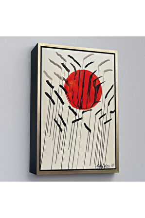 Ahşap Çerçeveli Alexander Calder - Kızıl Güneş Ve Uzun Otlar Tablosu - Cattails With Red Sun-8090