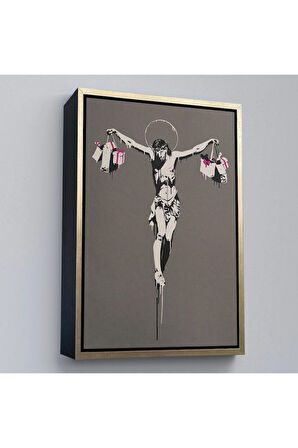 Ahşap Çerçeveli Alışveriş Torbalı İsa Tablosu - Christ With Shopping Bags-8094