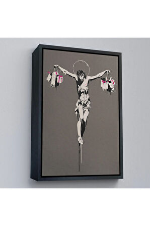 Ahşap Çerçeveli Alışveriş Torbalı İsa Tablosu - Christ With Shopping Bags-8094