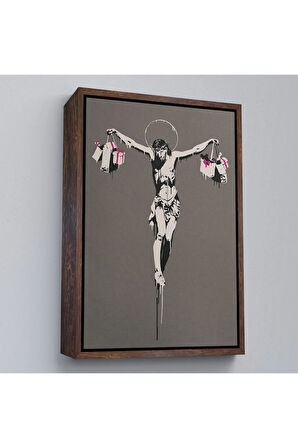Ahşap Çerçeveli Alışveriş Torbalı İsa Tablosu - Christ With Shopping Bags-8094