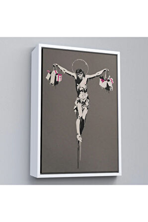 Ahşap Çerçeveli Alışveriş Torbalı İsa Tablosu - Christ With Shopping Bags-8094