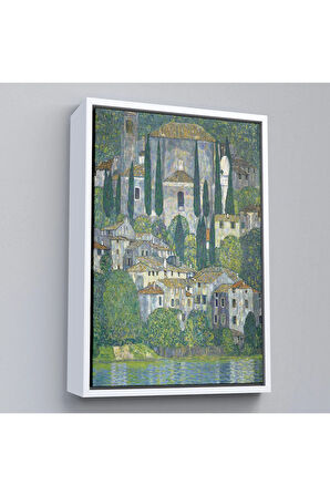 Ahşap Çerçeveli Gustav Klimt - Cassone'Deki Kilise Selvili Manzara Tablosu-8095