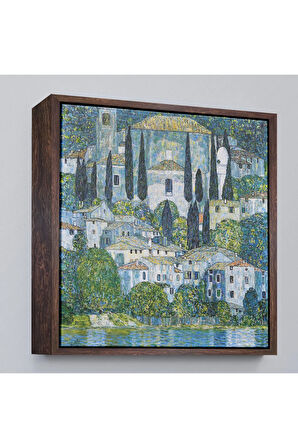 Ahşap Çerçeveli Gustav Klimt - Cassone’Deki Kilise Selvili Manzara Tablosu-8345