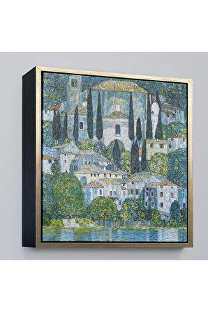 Ahşap Çerçeveli Gustav Klimt - Cassone’Deki Kilise Selvili Manzara Tablosu-8345