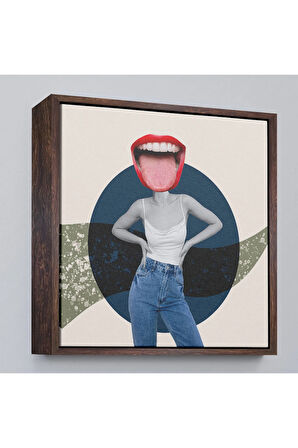Ahşap Çerçeveli Kot Pantolonlu Gülümseyen Kadın Tablosu-8366