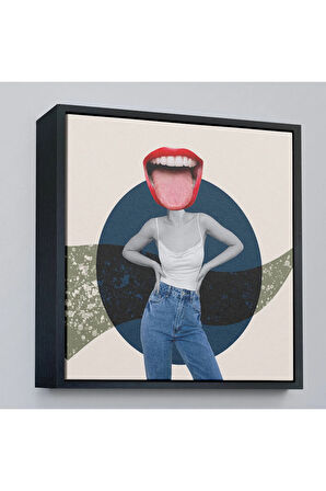 Ahşap Çerçeveli Kot Pantolonlu Gülümseyen Kadın Tablosu-8366