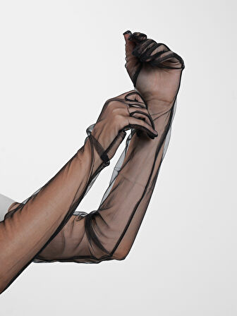 Uzun Boy Likralı Siyah Yetişkin Mega Tül Eldiven