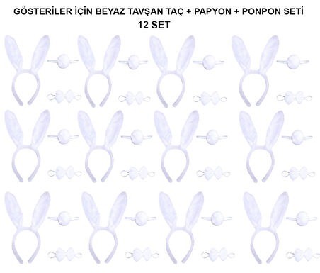 Beyaz Tavşan Kostüm Seti – Taç, Papyon, Kuyruk (12’li Paket)