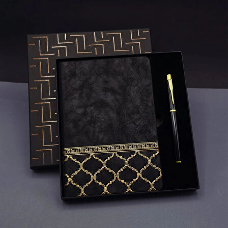 Gold Desen Siyah Deri Defter Kalem Set
