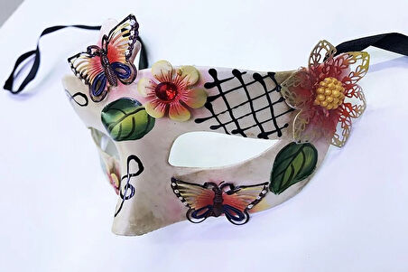 Kelebek ve Çiçek İşlemeli Venedik Maskesi Kırmızı Renk 10x18 cm