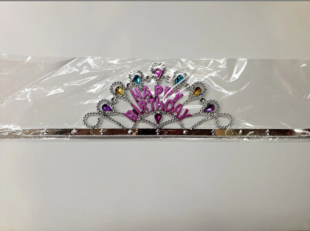 Gümüş Renk Happy Birthday Yazılı Doğum Günü Tacı 60 cm