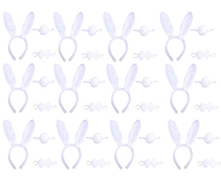 Beyaz Tavşan Kostüm Seti – Taç Papyon Kuyruk 12 li Paket