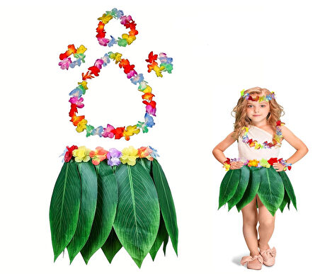 Çocuk Hawaii Kostüm Seti - Yaprak Etek & Hawaii Set - 5 Parça