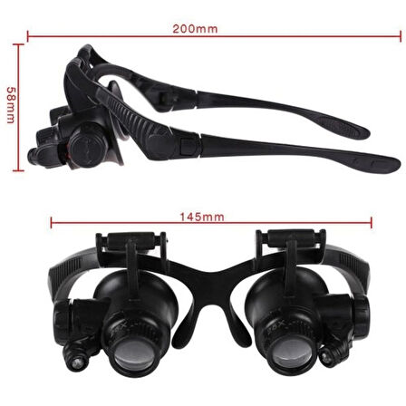 Gözlük Modeli 10X 15X 20X 25X Lens 2 Led Işıklı Büyüteç 9892G