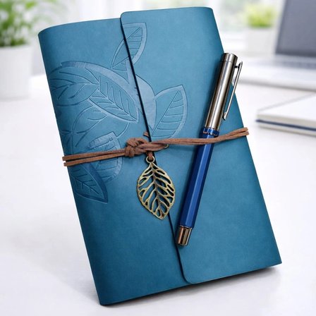 Hediyelik Deri Defter Ve Lacivert Metal Roller Kalem Seti (Yaprak Desenli)