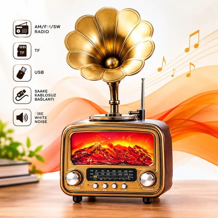 Gramofon Tasarımlı Radyo Bluetooth Hoparlör (AM FM SW Radyo, USB TF Kartlı - RT-422)