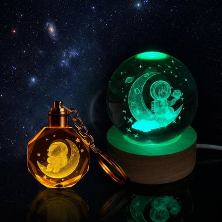 Renk Değiştiren Cam Küre (6cm) + Anahtarlık Set (Ay Üzerinde Oturan Astronot Tasarımlı)