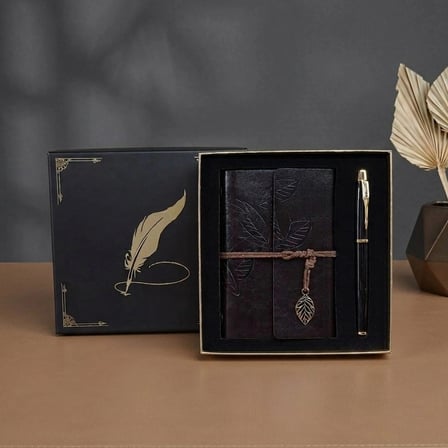Defter Ve Metal Roller Kalem Seti (Vip Kutulu, Deri, Yaprak, Desenli)