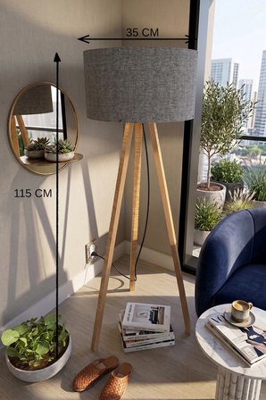 Koyu Gri Kumaş Başlık 3 Ayaklı Tripod Lambader