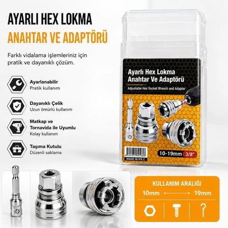 Ayarlı Hex Lokma Anahtar + Matkap Adaptörü (10-19mm 3/8" inç)