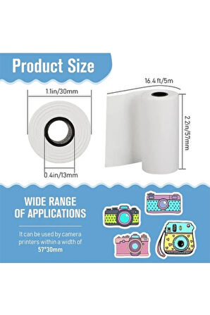 Çocuk Kamera Baskı Kağıdı, 5’li Rulo 57x25mm Çekirdekli Fotoğraf Baskı Termal Kağıt Rulo