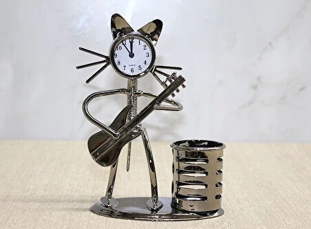 Metal Gitar Çalan Kedi Müzisyen Saat Ve Kalemlik Alk4345