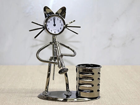 Metal Saksafon Çalan Kedi Müzisyen Saat Ve Kalemlik Alk4346