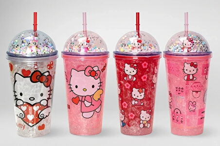 Sevimli Hello Kitty Işıklı Pipetli Boncuklu Suluk & Bardak 400 Ml Alk3145