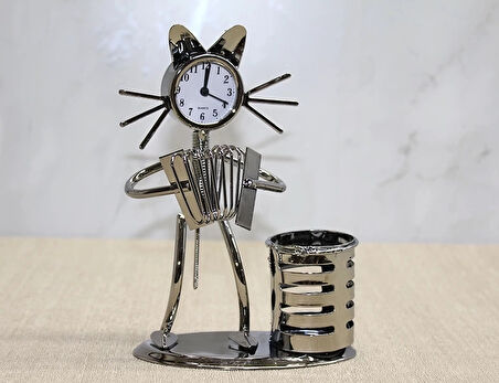 Metal Akordiyon Çalan Kedi Müzisyen Saat Ve Kalemlik Alk4344
