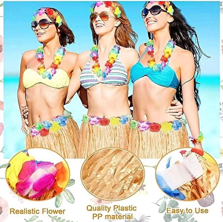Yetişkin Ve Çocuk Uyumlu Saman Renk Hawaii Luau Hula Etek 40 Cm 12 Adet