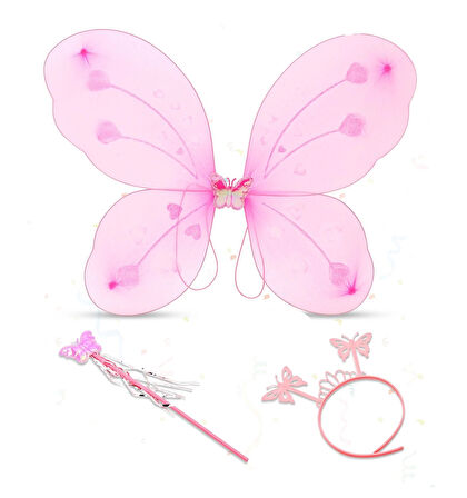 Pembe Kelebek Kız Seti – 50 Cm Kelebek Kanadı, Taç Ve Asa